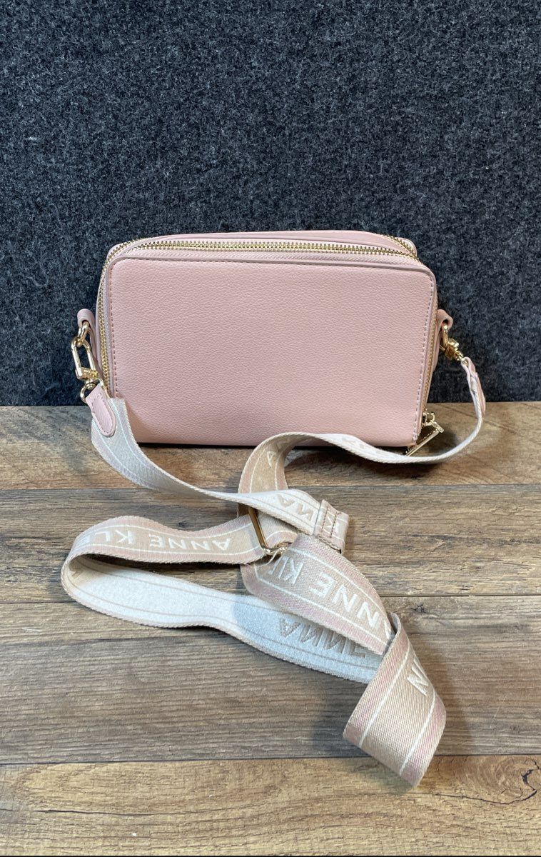 Anne Klein Pink Pebbled Triple Compartment Crossbody Bag Gold Webbing Strap