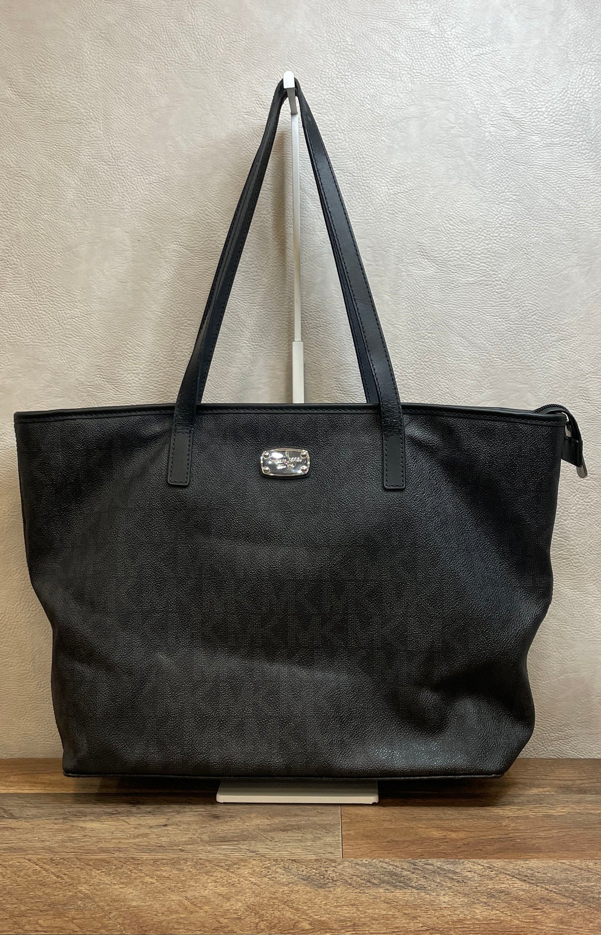 Michael Kors Black Monogram Signature Logo Tote Bag Large Silver Hardware