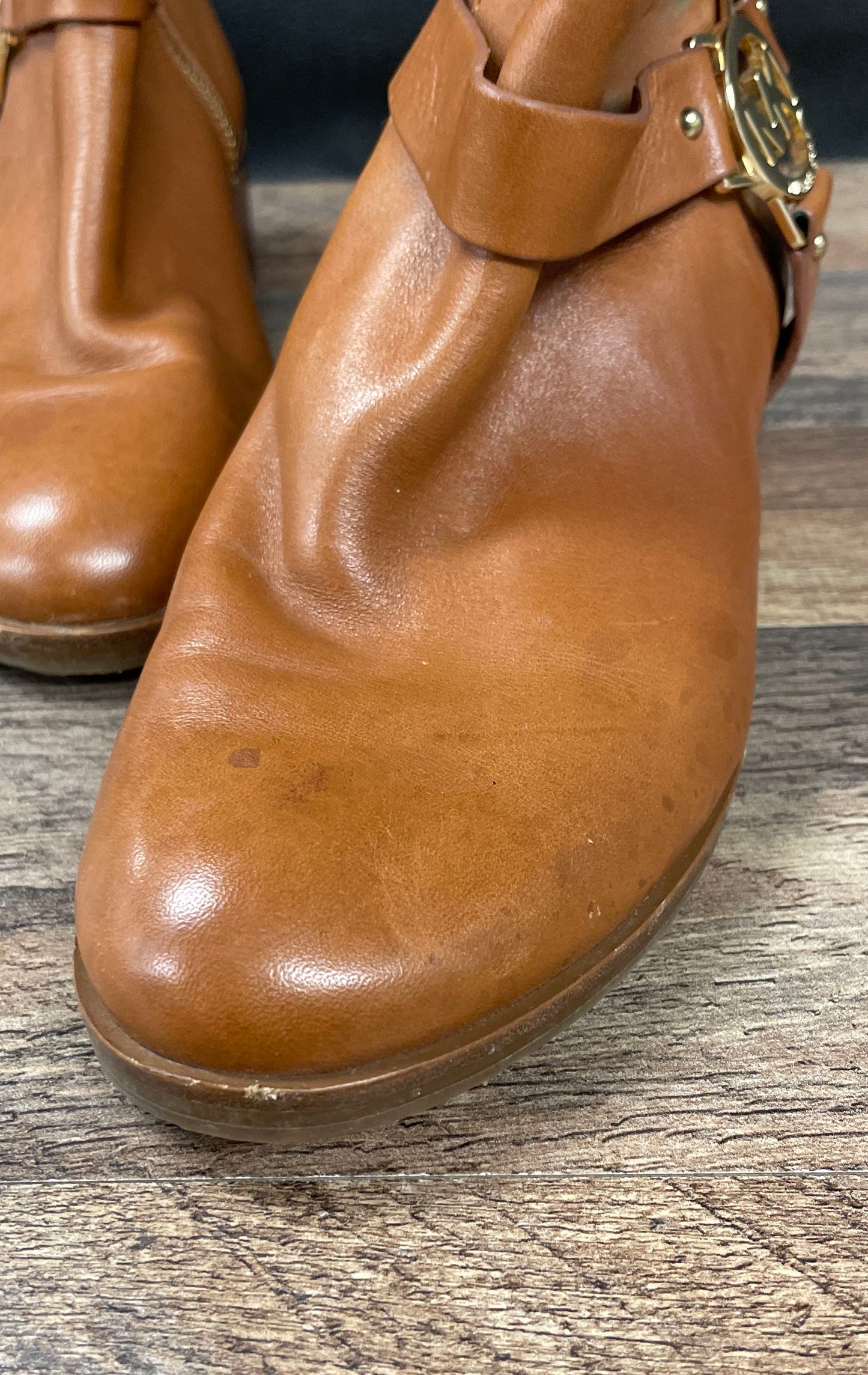 Michael Kors Brown Leather Harness Ankle Boots Gold MK Logo Size 7