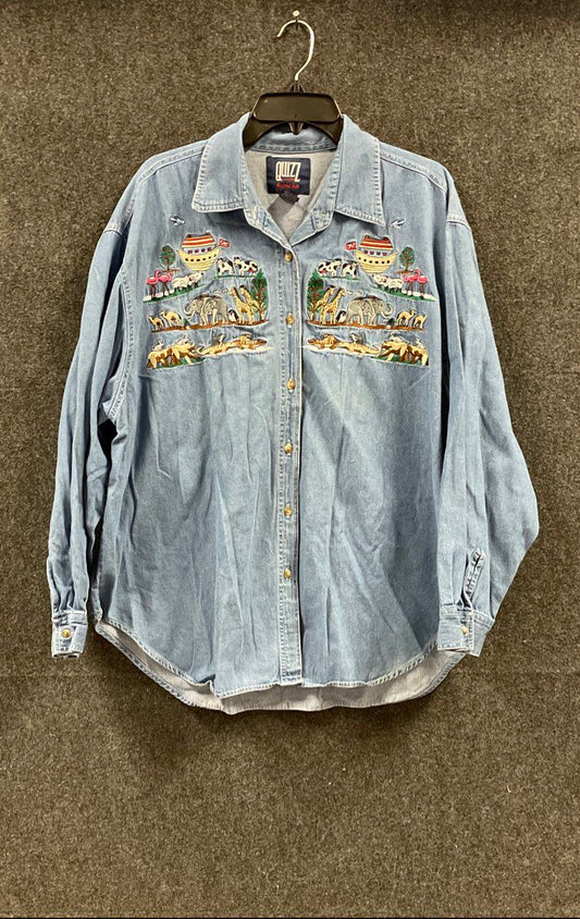 Vintage 90s Quizz Women's Denim Shirt Embroidered Noah's Ark Animal Sz 24