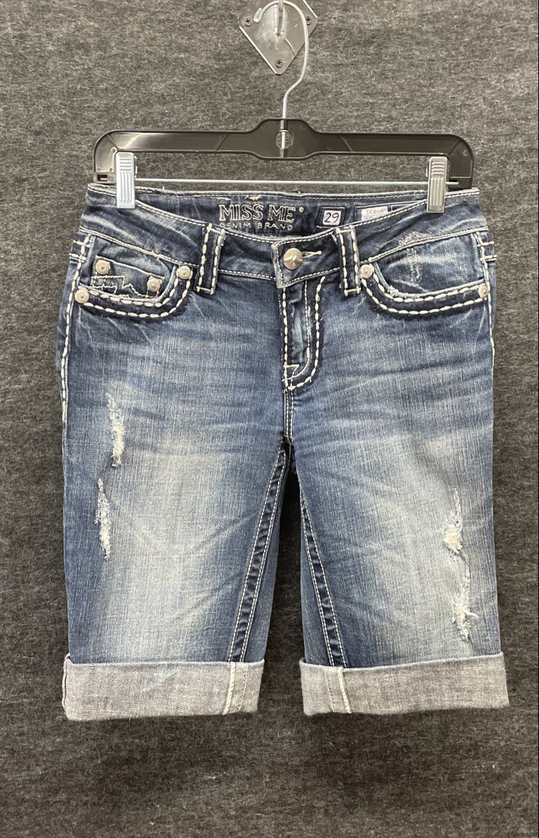 Miss Me Women's Irene Bermuda Denim Shorts Blue Heavy Stitch Flap Pocket Sz 29