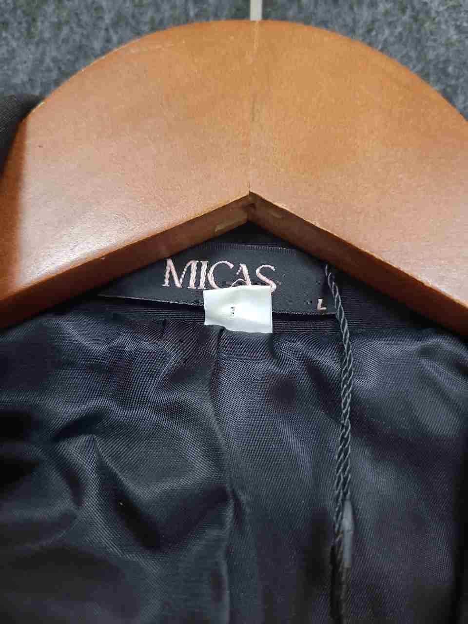 MICAS Women's Black Asymmetrical Gold Buckle Draped Blazer Sz L NWT