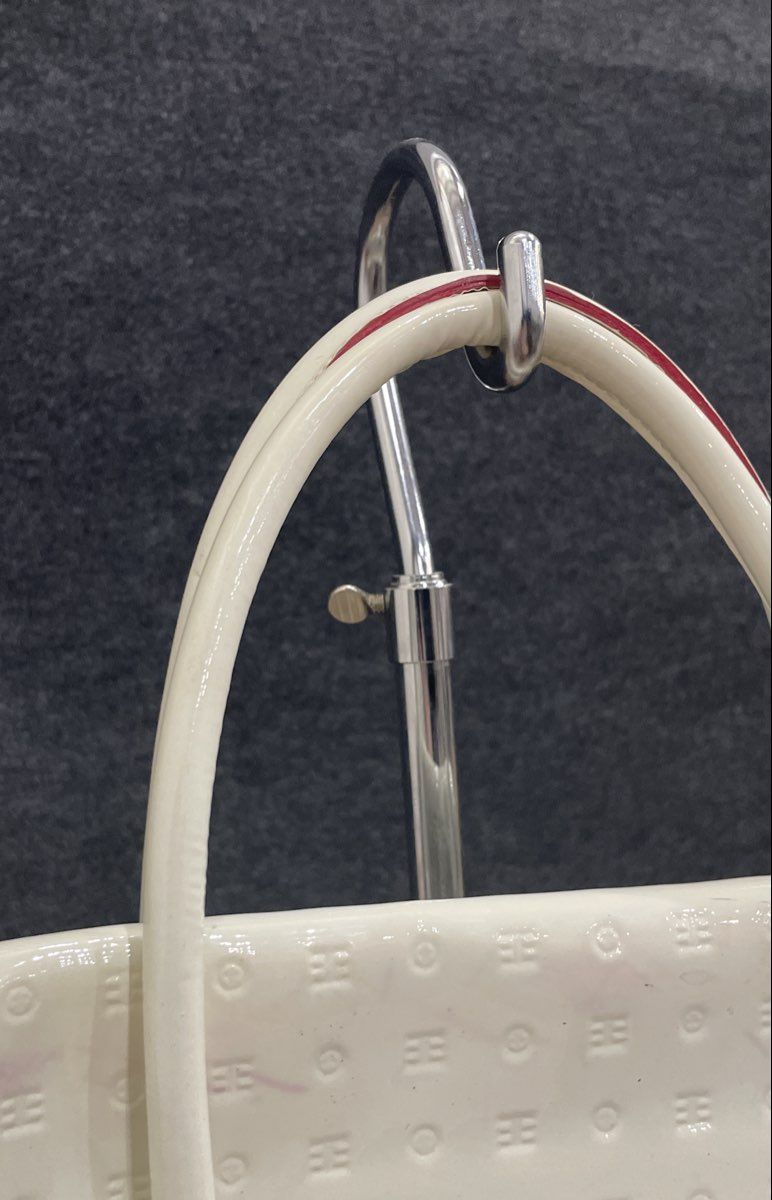 Arcadia White Monogram Embossed Patent Leather Satchel Handbag Gold Hardware