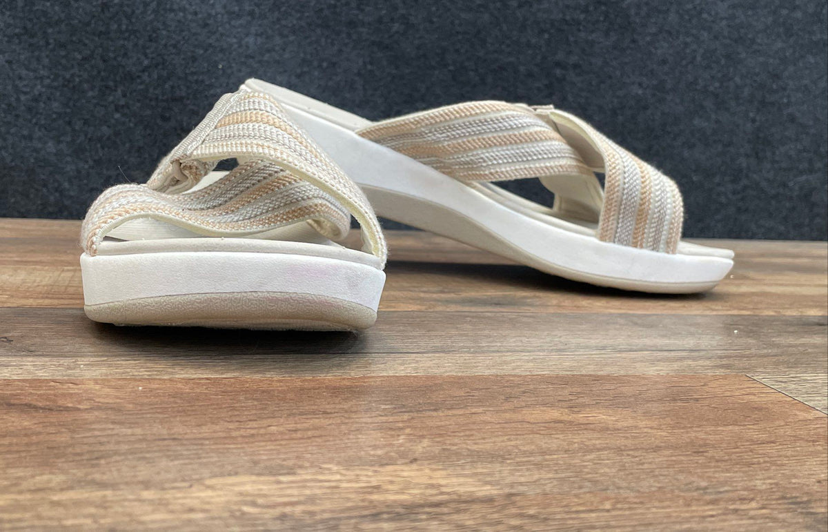 Clarks Cloudsteppers White Tan Striped Adjustable Slide Sandals Women's Size 10W