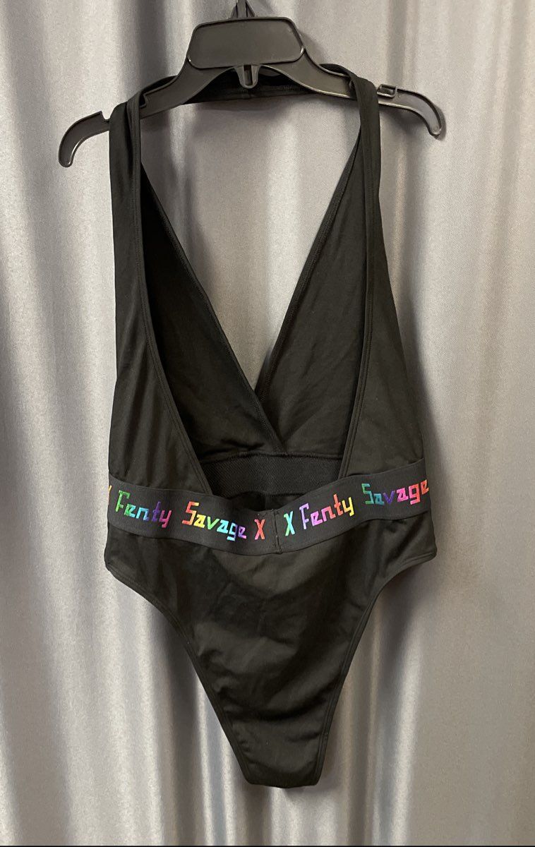 Savage X Fenty Women's Black Halter Deep V Bodysuit Iridescent Logo Sz S NWT