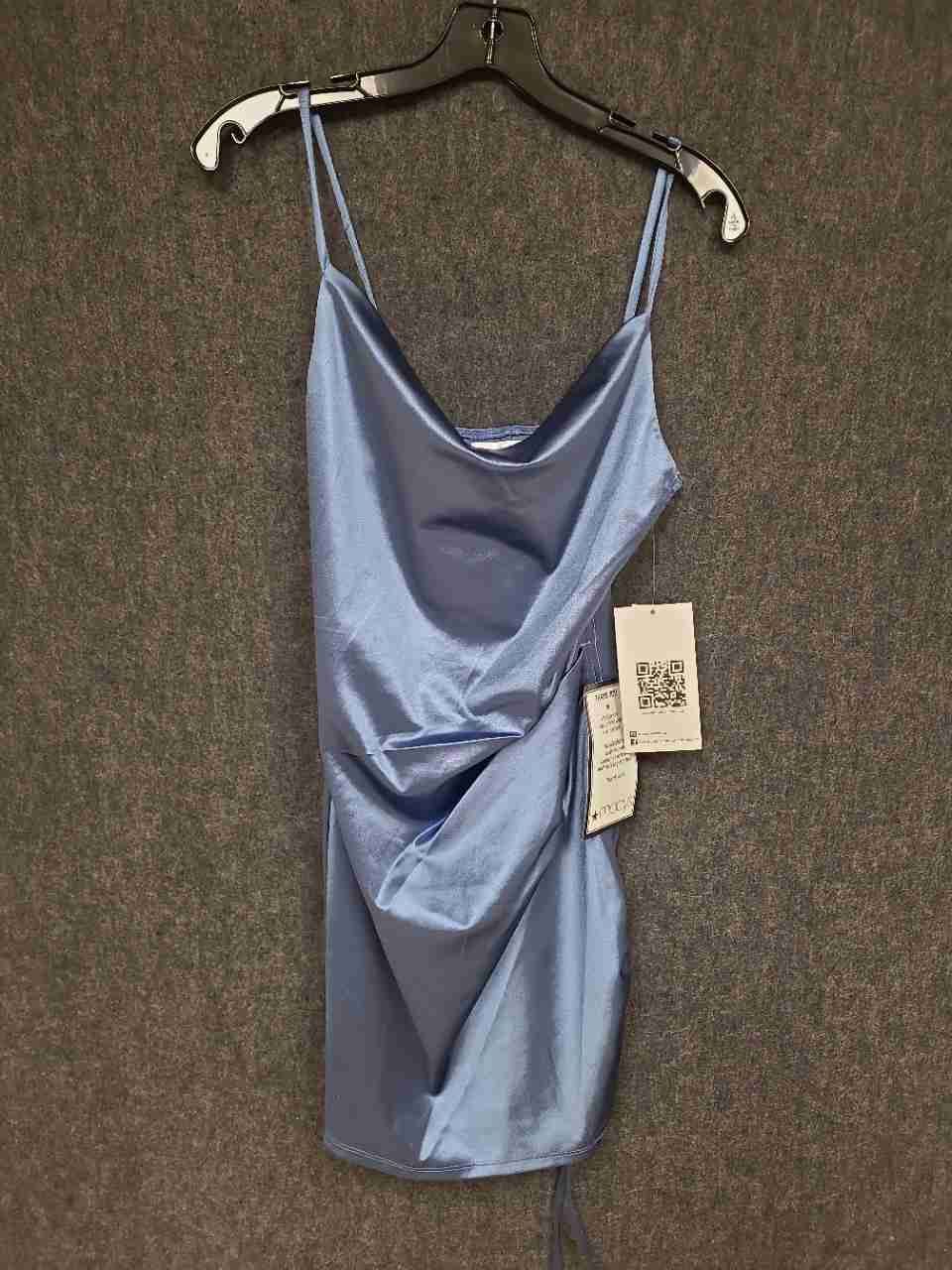 Emerald Sundae Women's Blue Cowl Neck Satin Ruched Mini Dress Sz S NWT