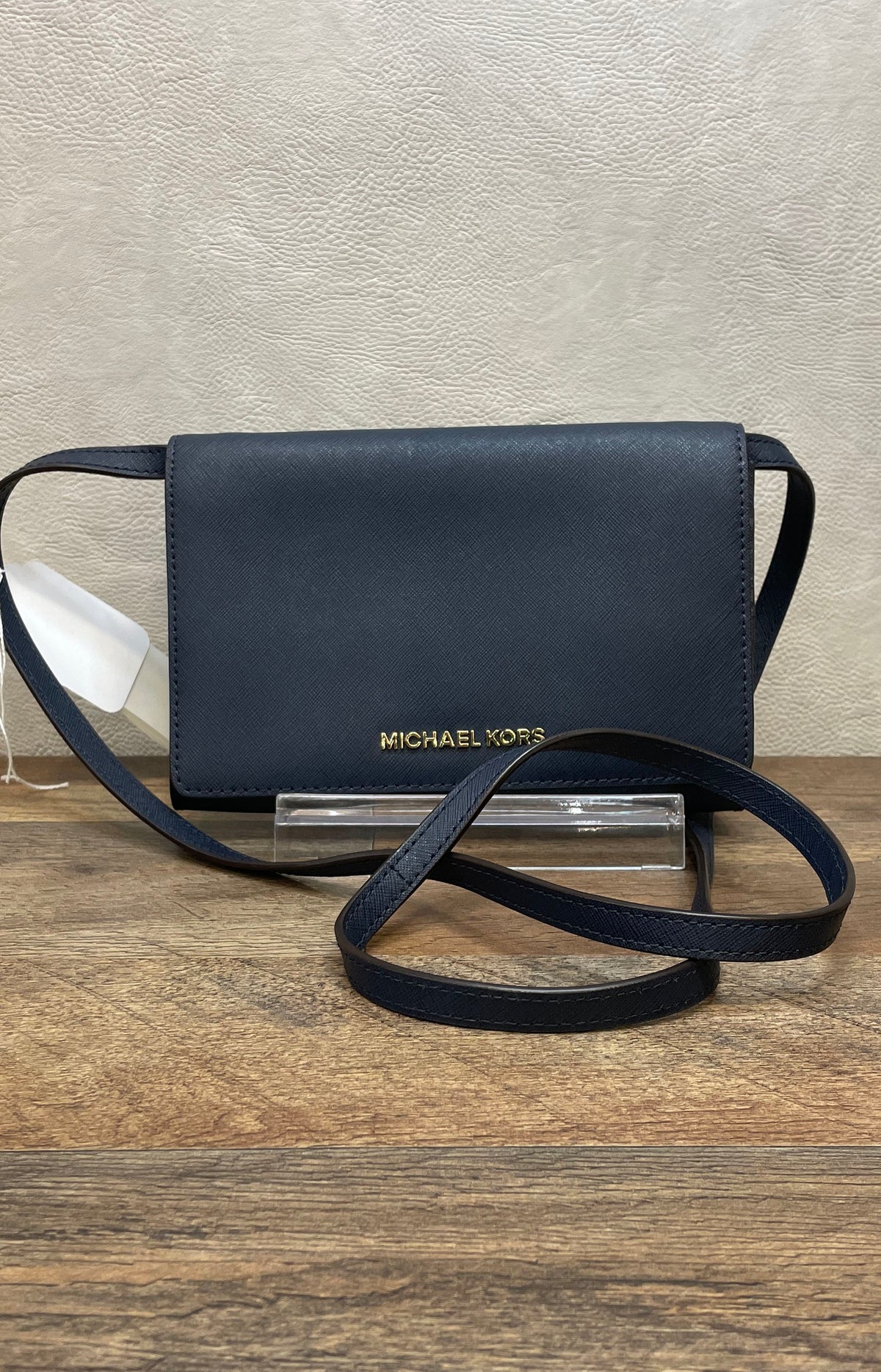 Michael Kors Navy Blue Saffiano Leather Crossbody Wallet Bag Gold Hardware