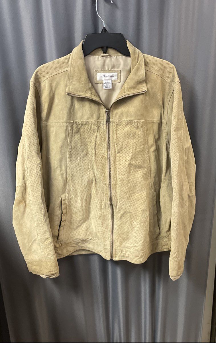 Calvin Klein Men's Tan Suede Perforated Full Zip Jacket Sz XL