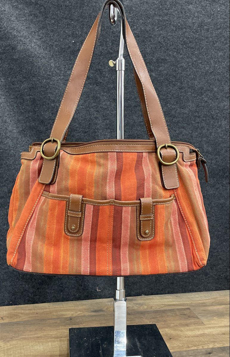 Kim Rogers Orange Multi Striped Canvas Shoulder Bag Handbag Brown Trim