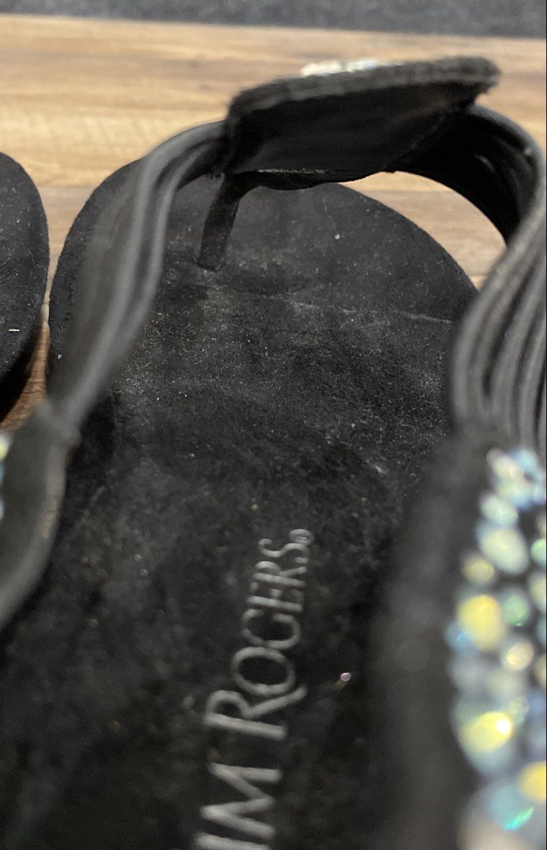 Kim Rogers Black Embellished Rhinestone Thong Slingback Sandals Size 6.5M