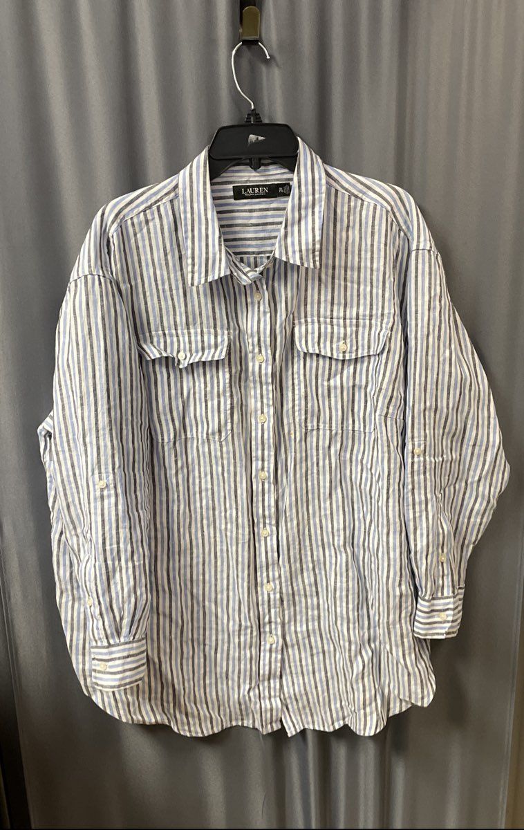Lauren Ralph Lauren Women's Blue Black Striped Linen Tunic Shirt Sz 2X