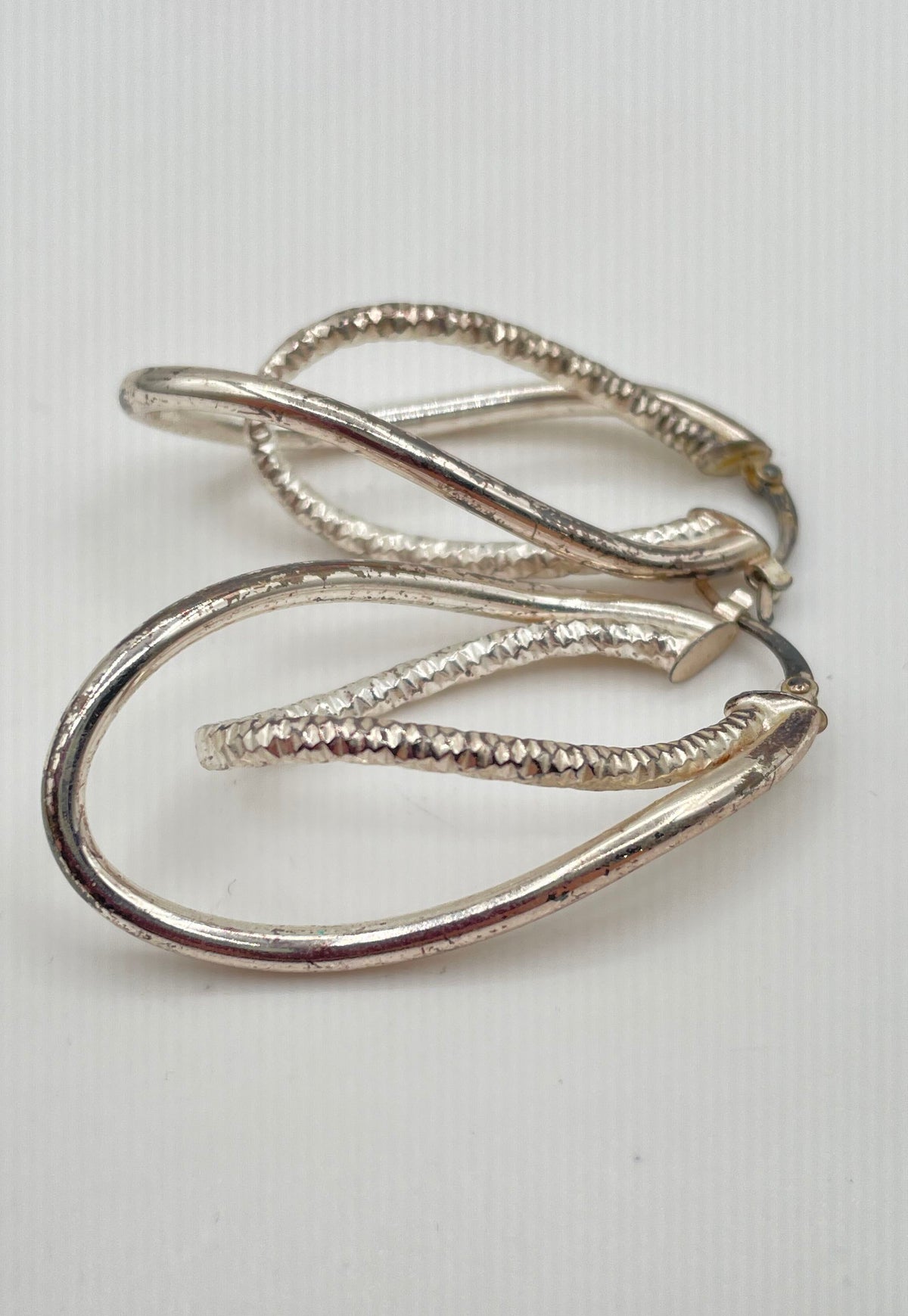925 Sterling Silver Polished & Textured Double Twisted Oval Hoop Earrings 6.3g