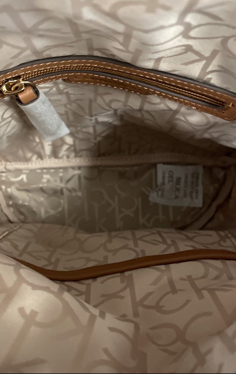 Calvin Klein Beige Tan Monogram Logo Convertible Backpack Sling Bag Gold