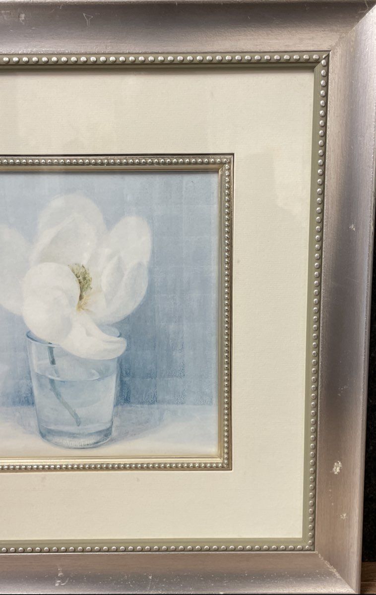 Framed Floral Art Print White Magnolia in Glass Still Life 15x15 Signed
