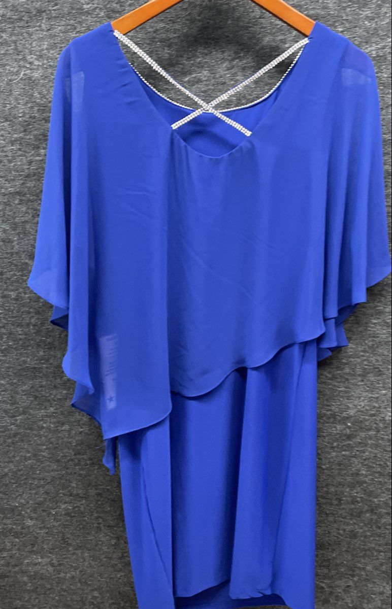 MSK Women's Blue Chiffon Overlay Capelet Dress Rhinestone Back Sz M NWT