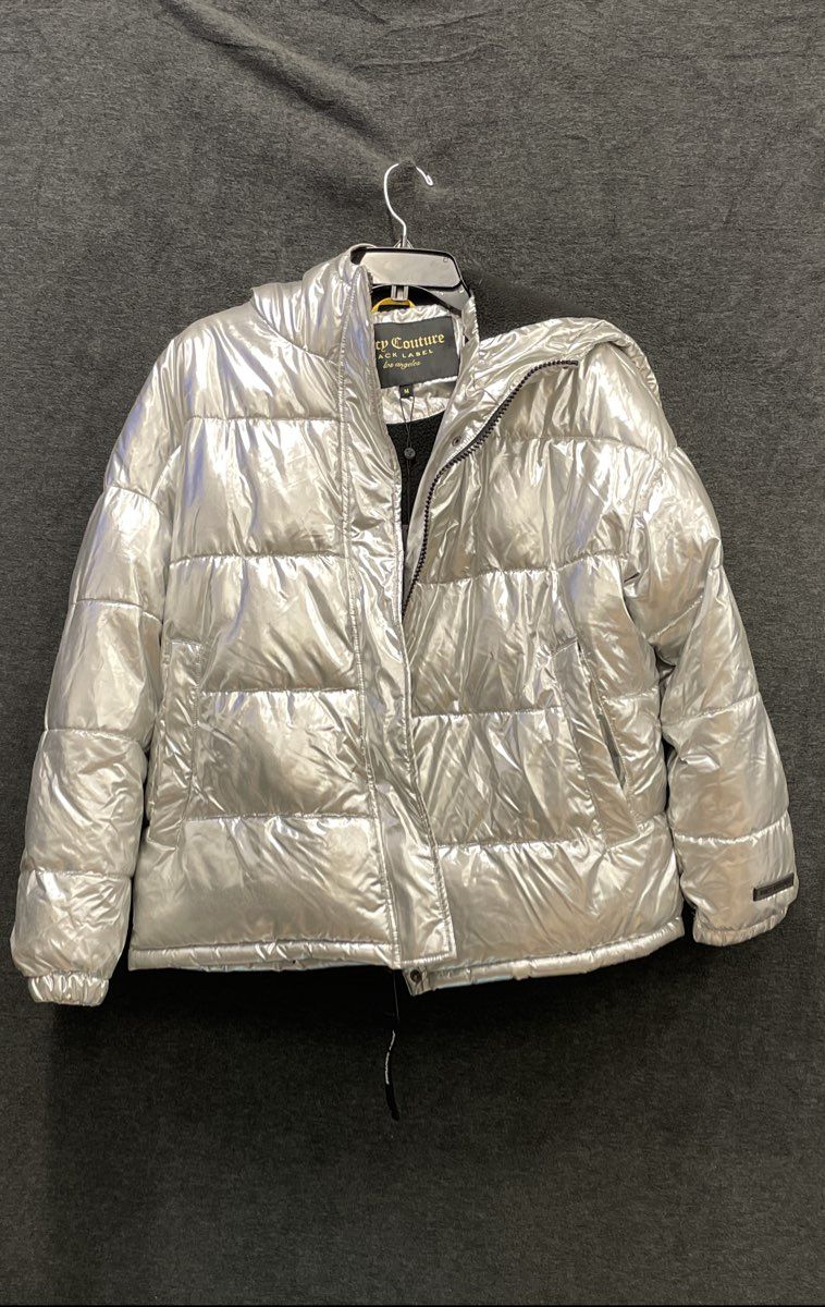 Juicy Couture Black Label Women's Silver Metallic Hooded Puffer Coat NWT Size M