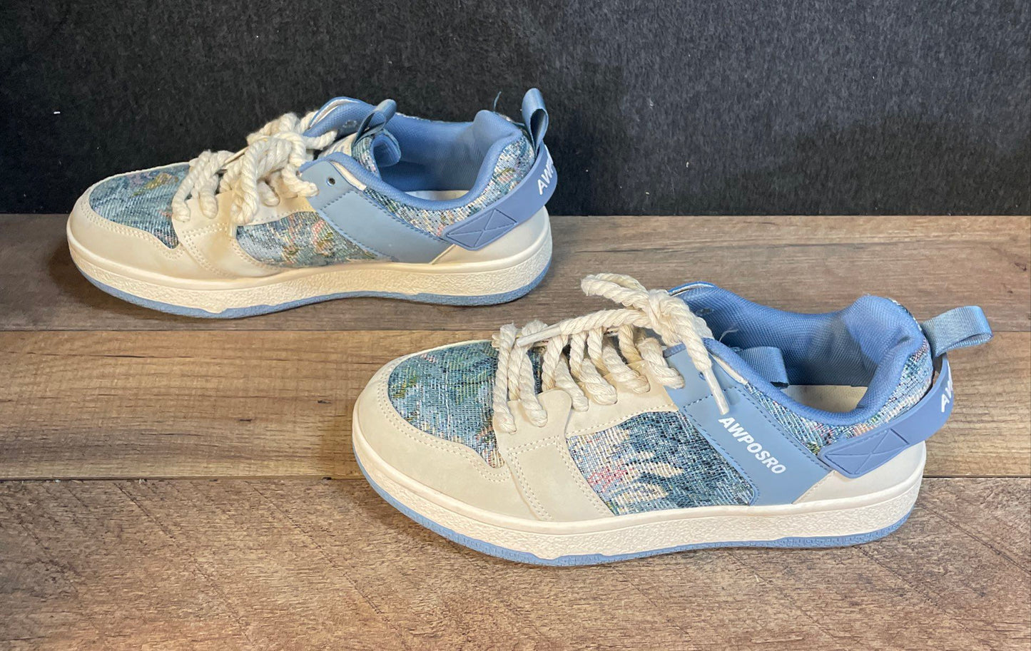 AWPOSRO Oil Painting Tapestry Chunky Rope Lace Skate Shoes Blue Size 41
