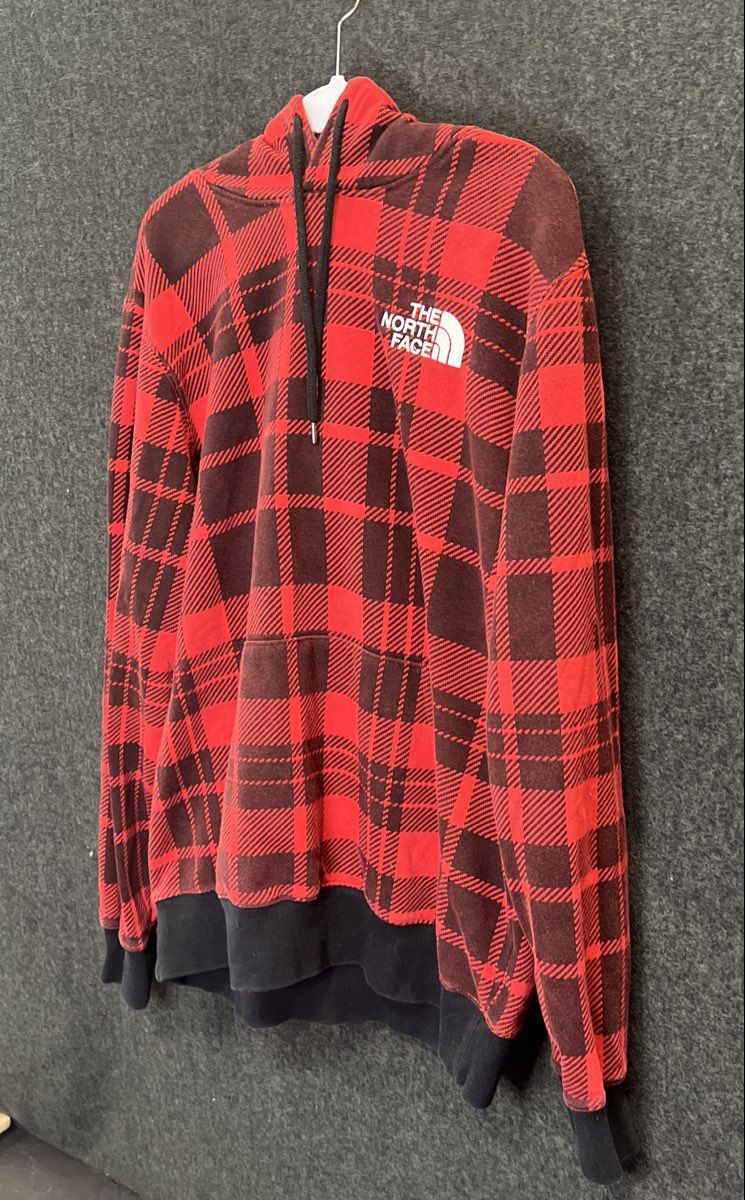 The North Face Unisex Red Black Plaid Fleece Pullover Hoodie Size L