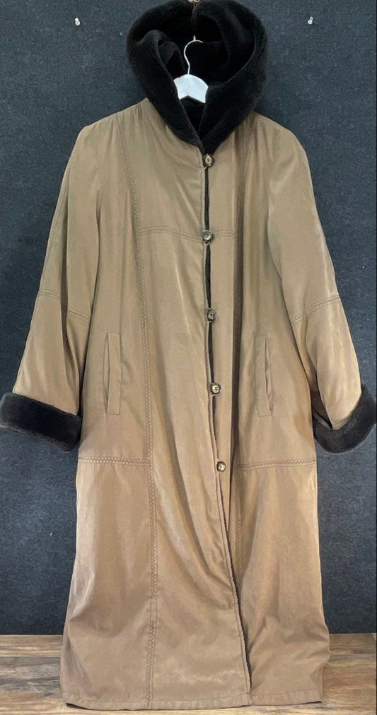 Utex Design Women's Tan Faux Fur Lined Hooded Long Trench Coat Jacket Sz M