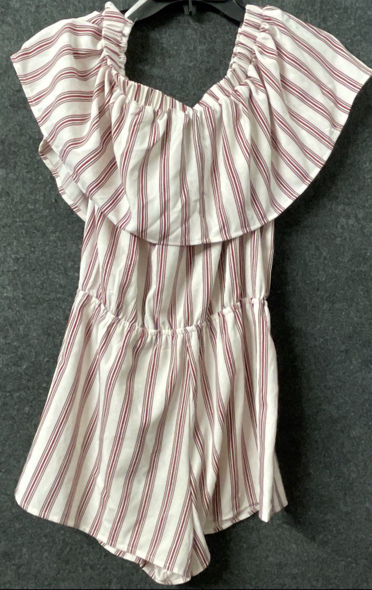 Forever 21 Women's Romper White Red Stripe Off Shoulder Ruffle Size S