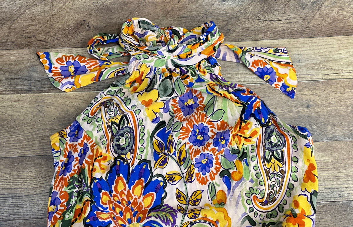 MSK Women's Multicolor Floral Paisley Halter Tie Neck Ruffle Dress Sz L