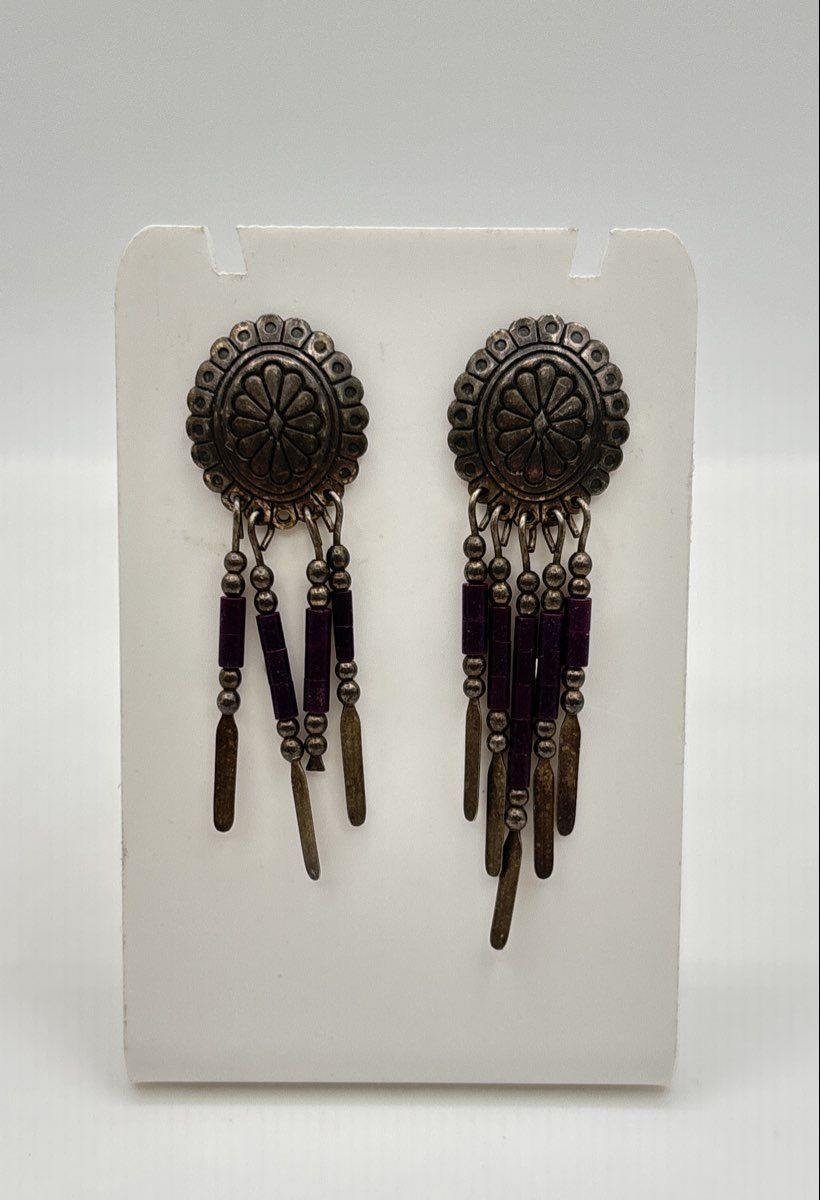Quoc Turquoise 925 Sterling Silver Concho Fringe Dangle Earrings 3.9g *Damaged*