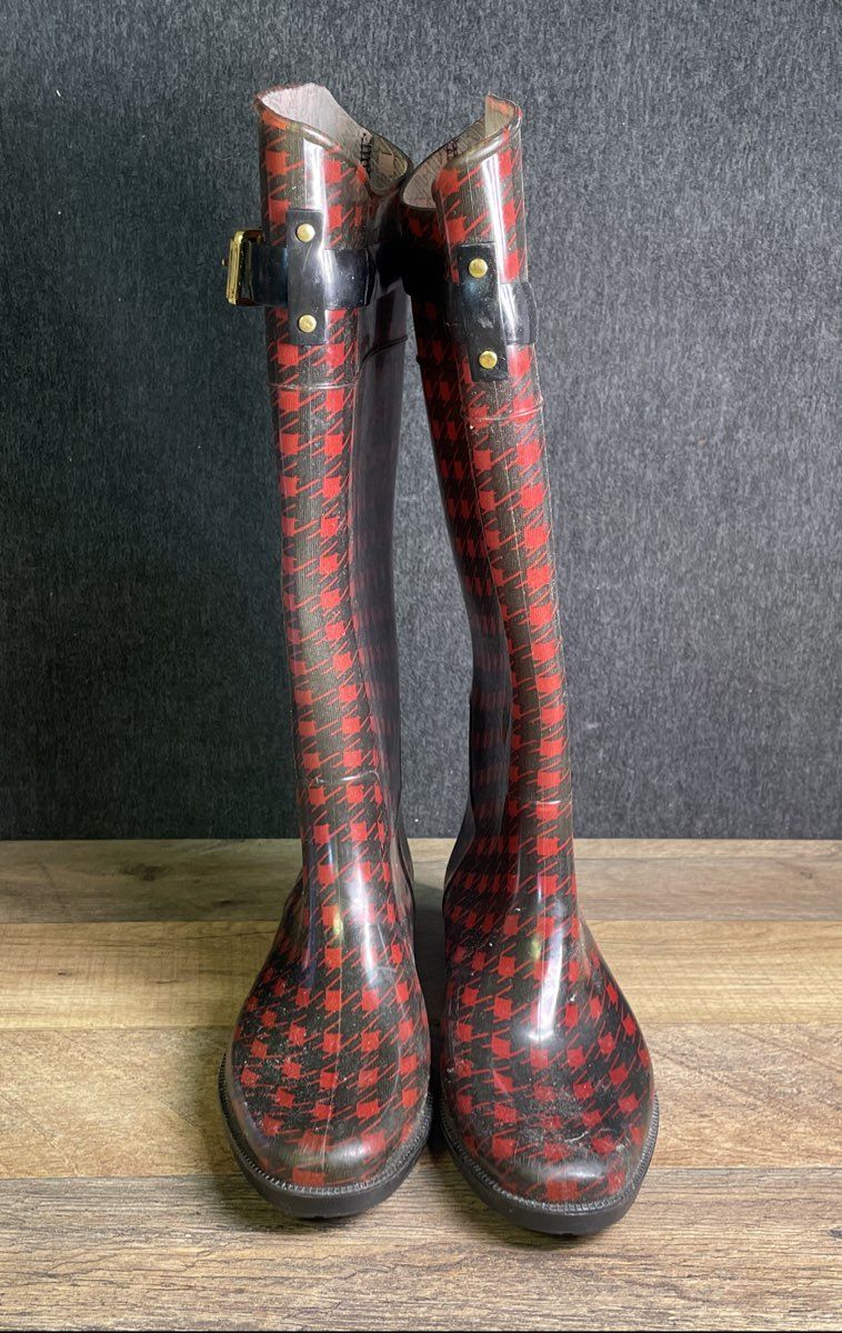Lauren Ralph Lauren Rossalyn II Red Black Houndstooth Rain Boots Size 6