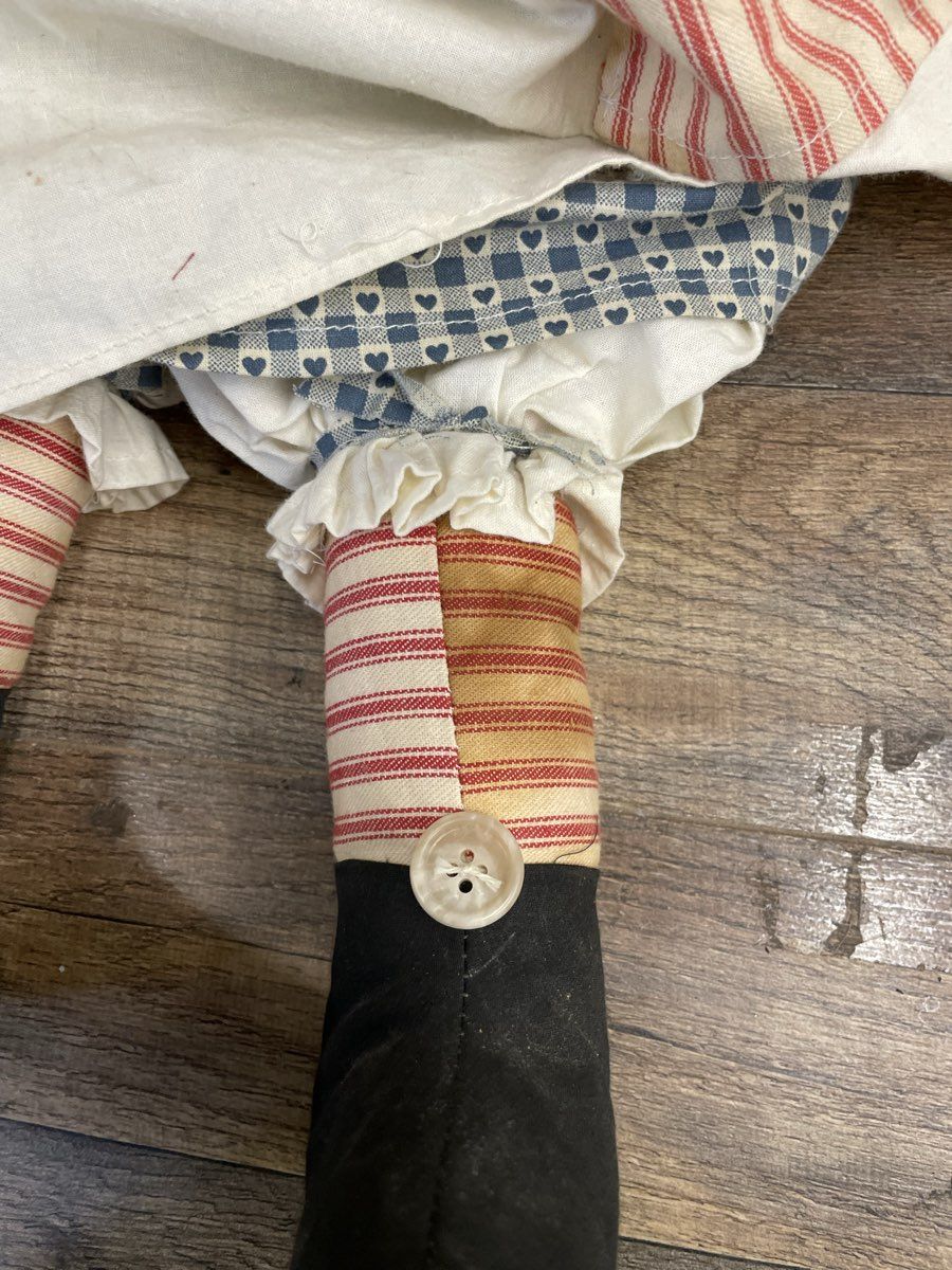 Vintage Handmade Raggedy Ann Style Blue Red Folk Art Primitive Cloth Doll 30"