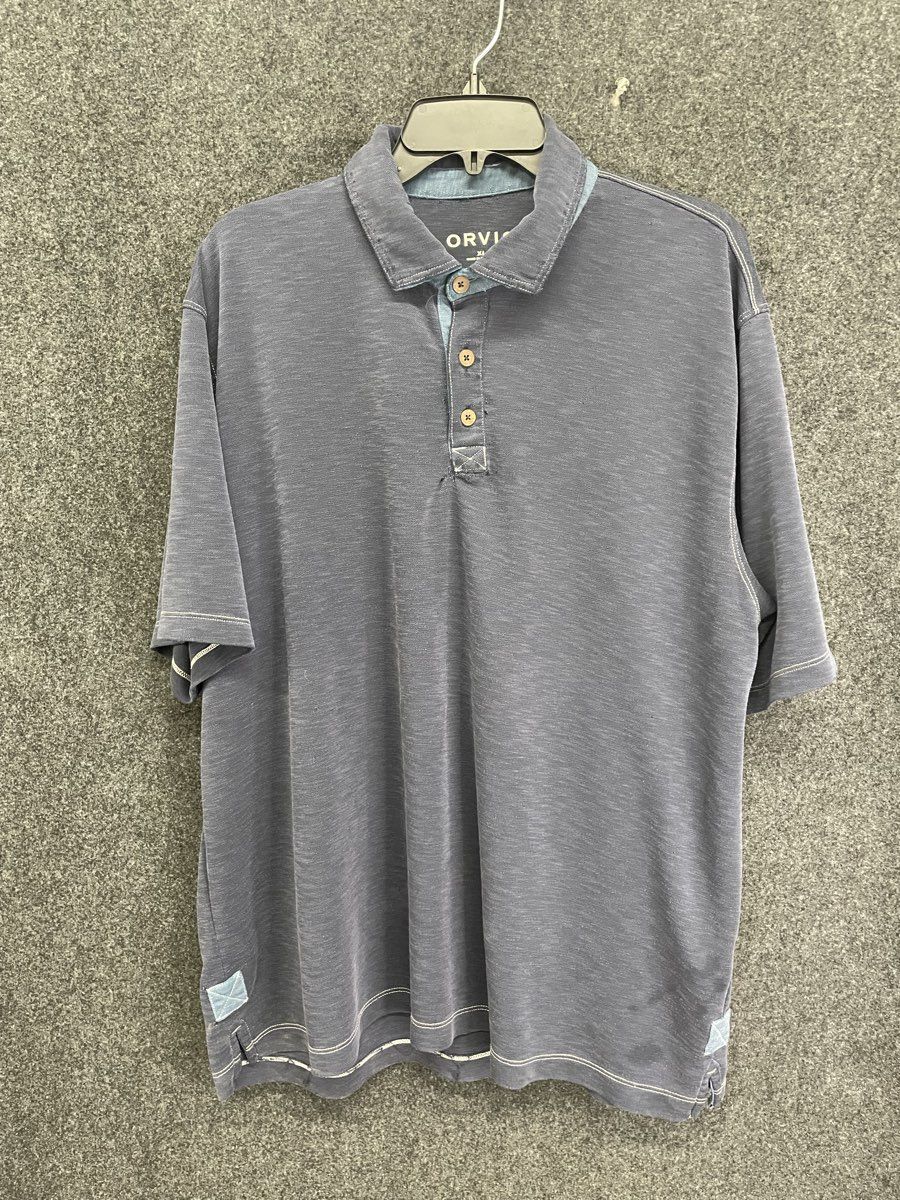 Orvis Men's Short Sleeve Polo Shirt Gray Blue Slub Contrast Stitch Sz XL
