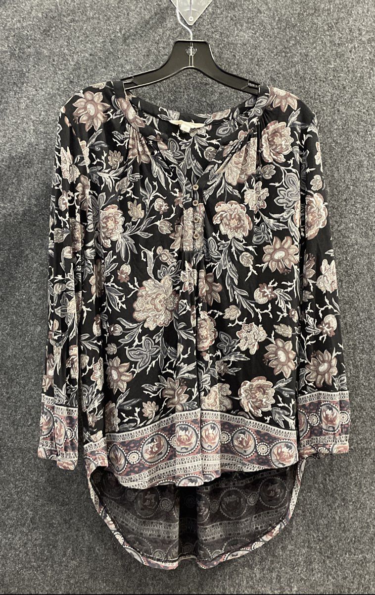 Lucky Brand Women's Black Floral Long Sleeve High Low Henley Blouse Top Size L