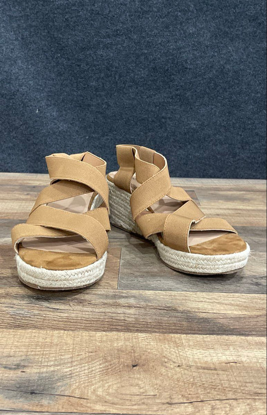 Luoika Tan Elastic Strap Espadrille Platform Wedge Sandals Women's Size 11 XW