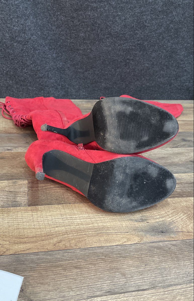 Lifted Red Suede Lace Up Over The Knee Stiletto Platform Boots Size 8.5