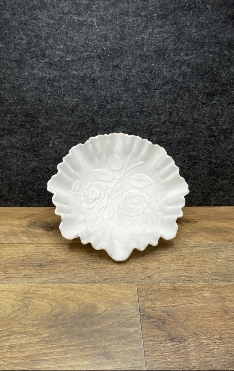 Satin Glass White Rose Pattern Ruffled Bowl 9 Inch Vintage