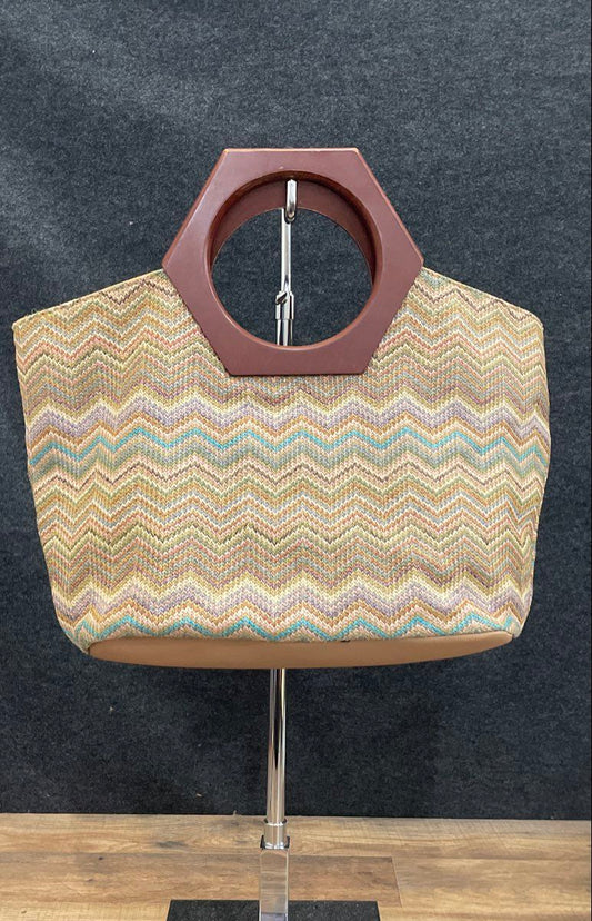 Multicolor Chevron Knit Tote Handbag Hexagon Wood Handles Modern Large
