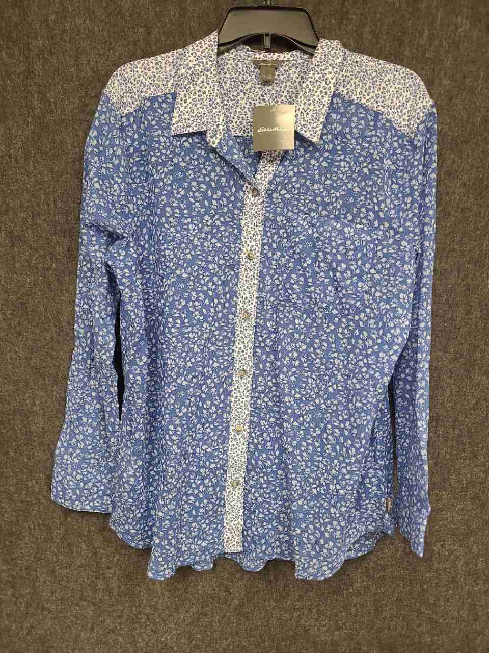 Eddie Bauer Women's Blue White Floral Cotton Button Down Shirt XL NWT