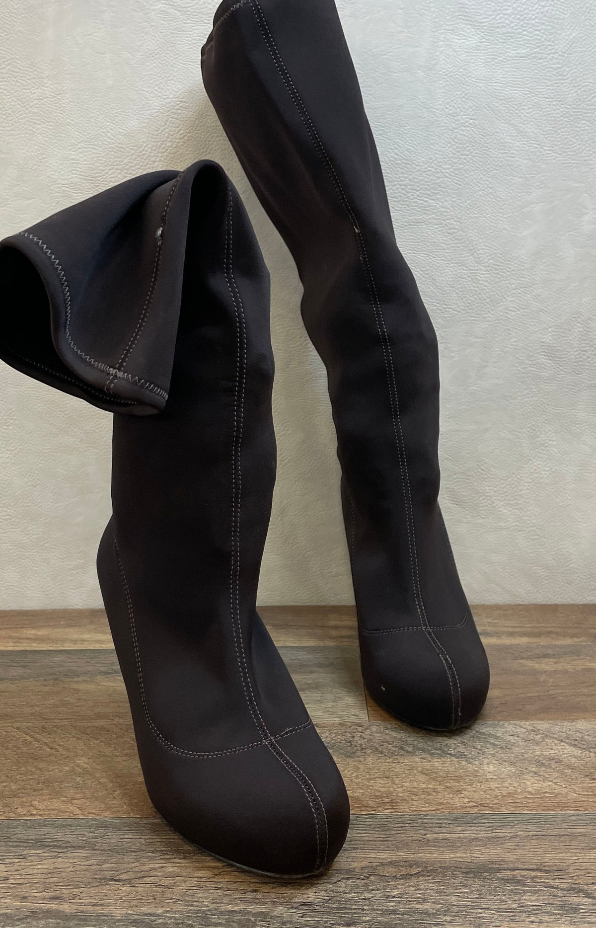 Martinez Valero Dark Brown Stretch Fabric Knee High Stiletto Boots Size 8.5