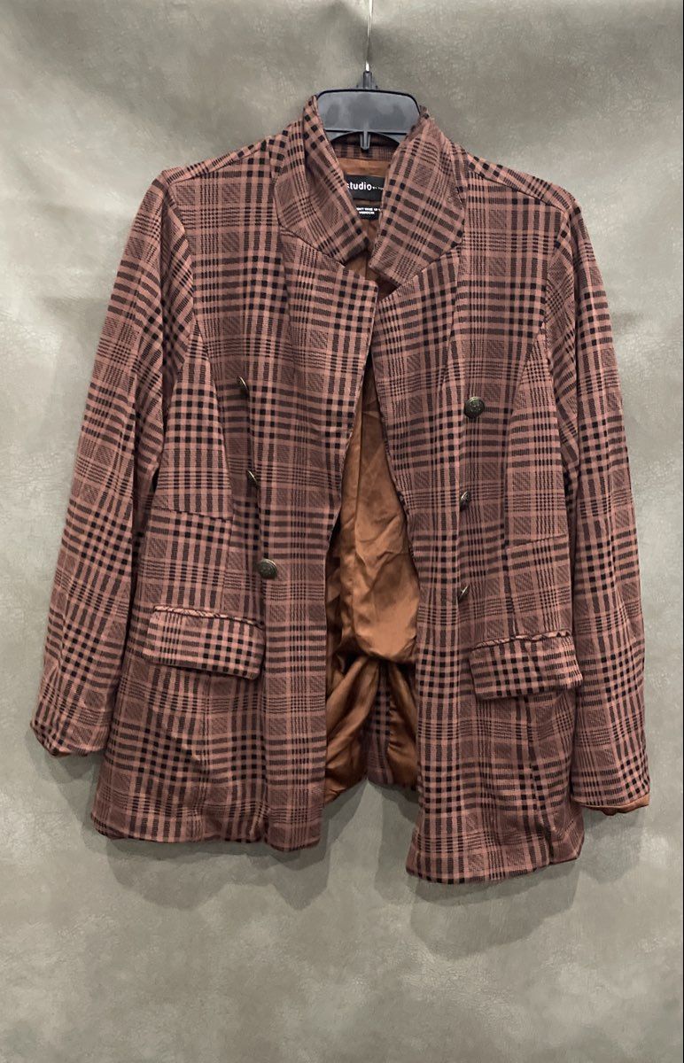 Torrid Women's Brown Black Plaid Double Breasted Studio Blazer Jacket Size 0
