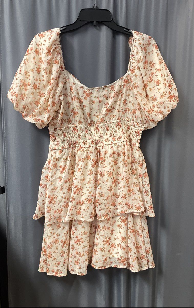 Trixxi Women's Cream Red Floral Puff Sleeve Tiered Mini Dress Size XL NWT