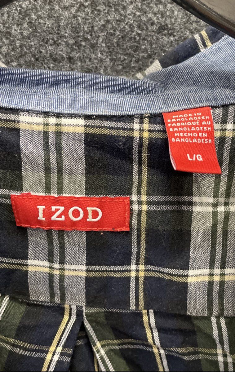 Izod Men's Long Sleeve Button Down Shirt Navy Blue Plaid Check Sz L