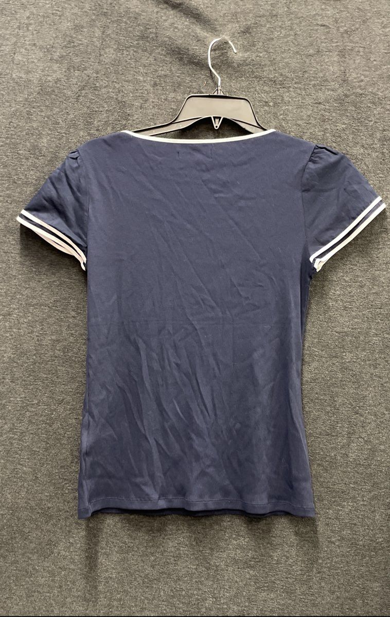 Lauren Ralph Lauren Women's Navy Blue Puff Sleeve Striped Cuff Cotton Top Sz L