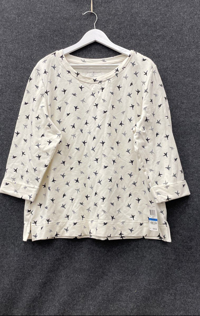 Karen Scott Sport Women's Eggshell Hummingbird 3/4 Sleeve Sweater NWT XL