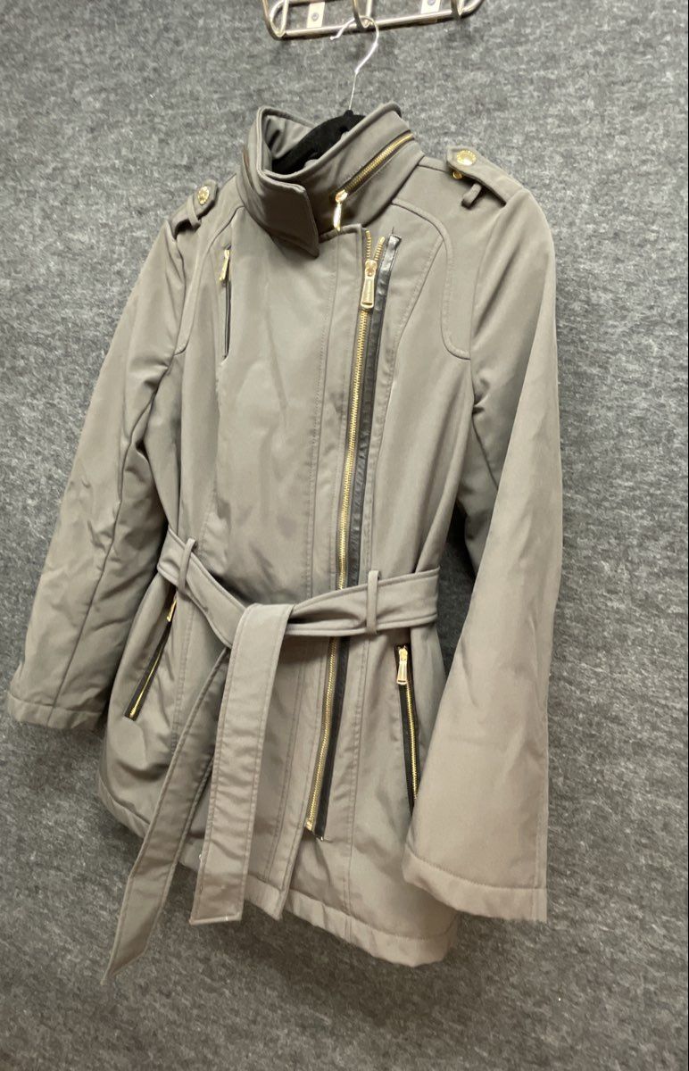 Michael Kors Women's Gray Belted Softshell Jacket Gold Hardware Hidden Hood Sz S