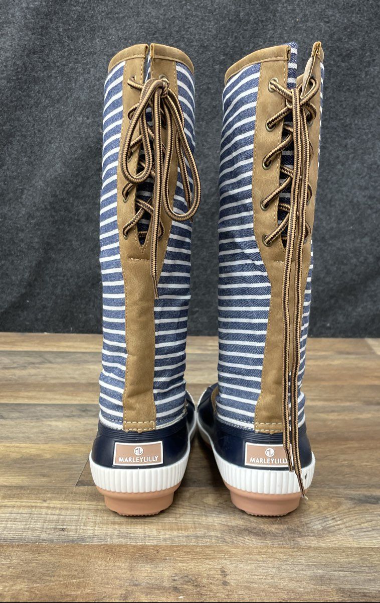 Marley Lilly Tall Duck Rain Boots Navy White Striped Monogram Women's Size 8