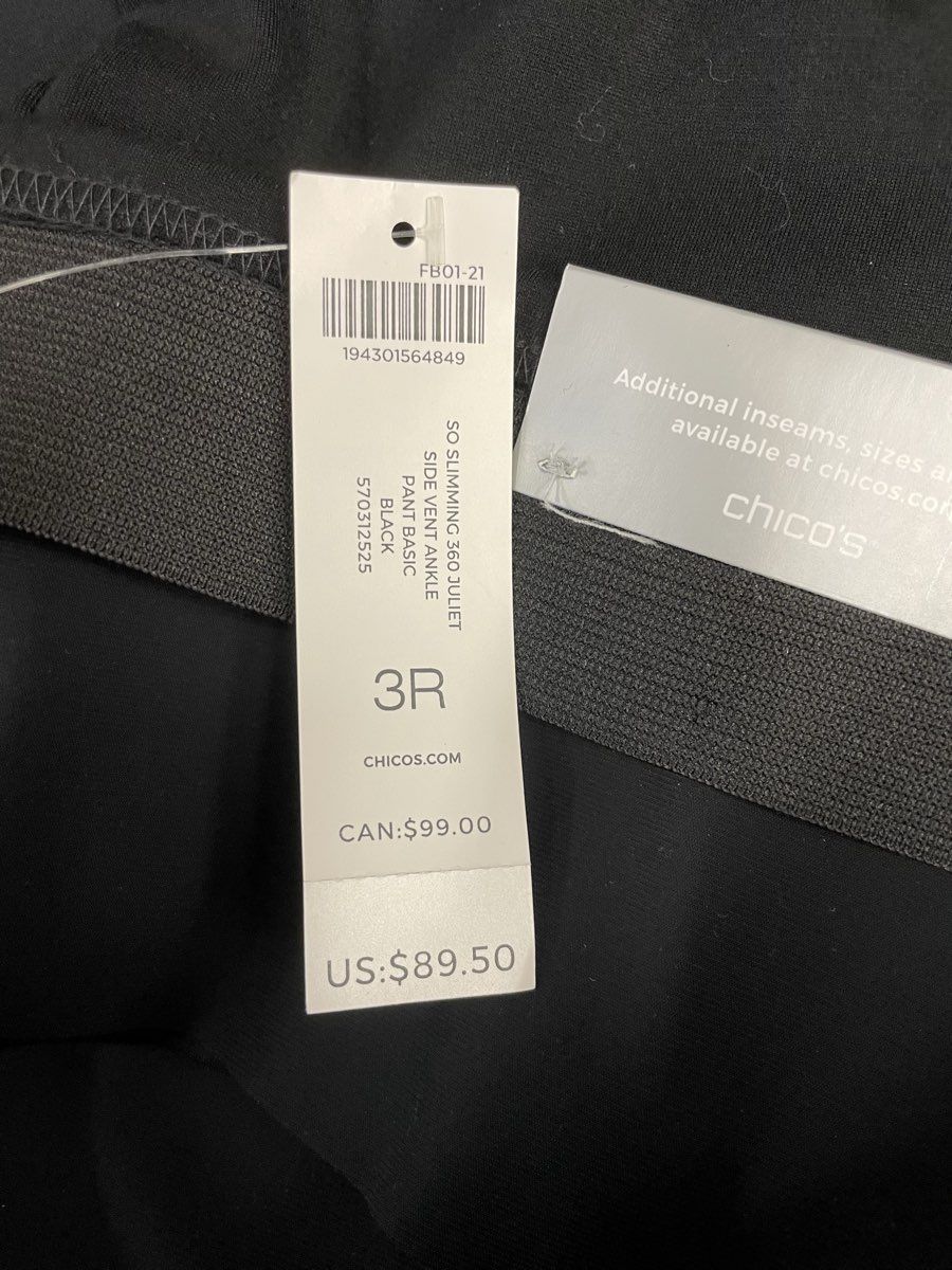Chico's Women's Black So Slimming 360 Juliet Side Vent Ankle Pants Size 3R 16