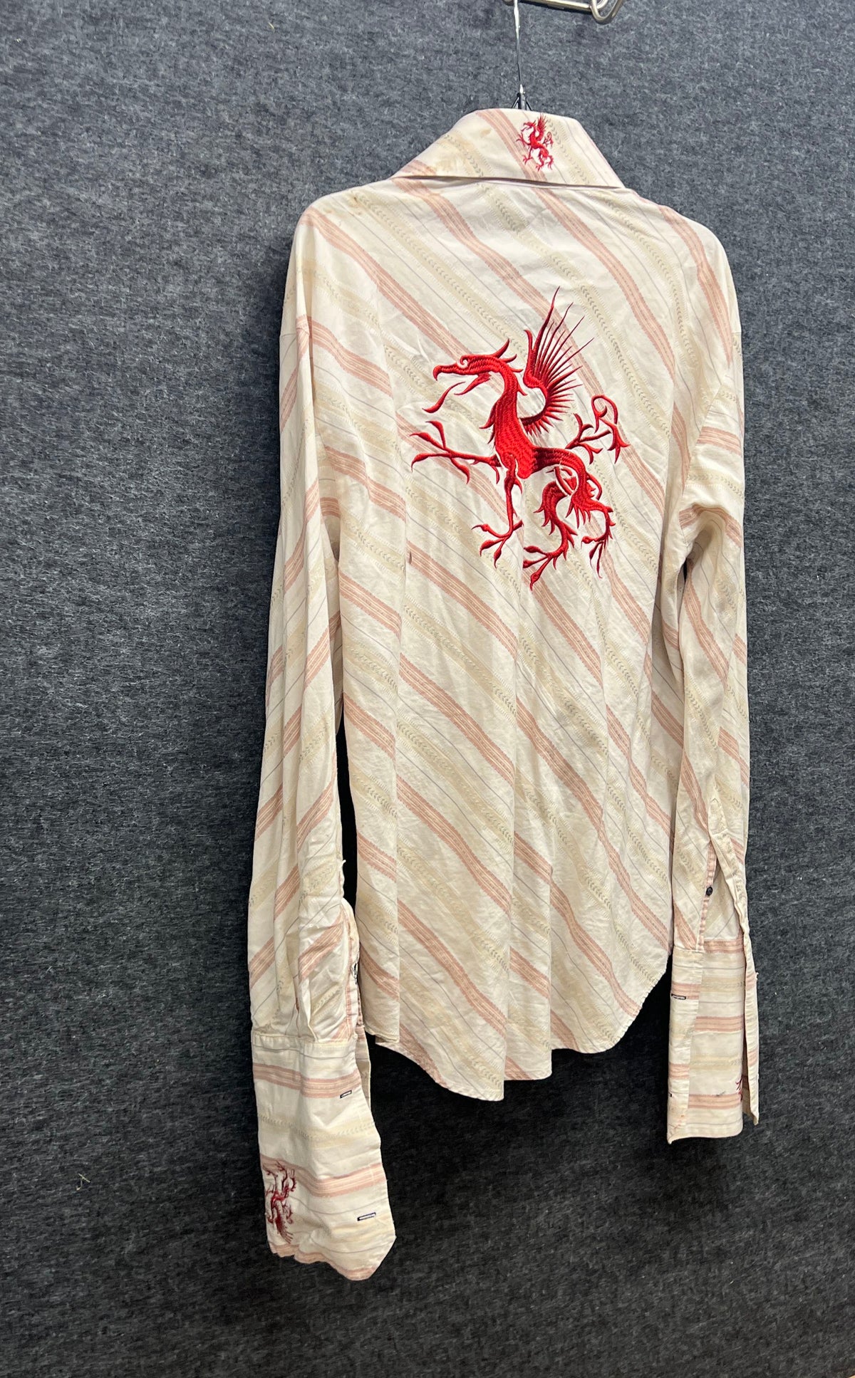 Vintage Dante Gianni Men's Red Dragon Embroidered Striped Shirt Sz L
