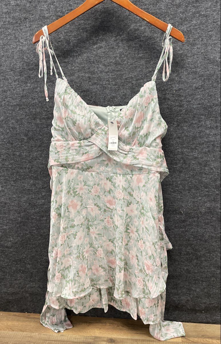 Crystal Doll Women's Sage Green Floral Tie Shoulder Tiered Mini Dress XL NWT