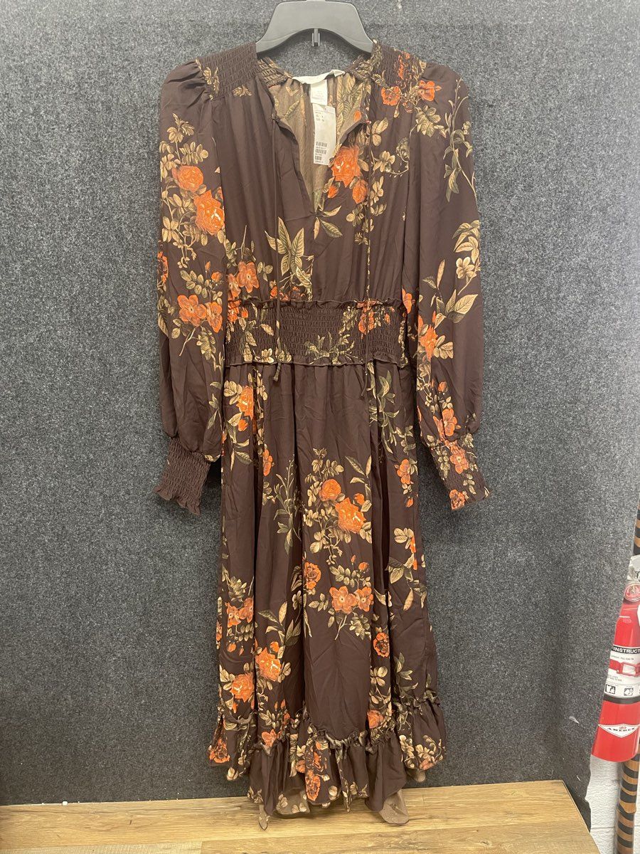 H&M Women's Dark Brown Orange Floral Smocked Maxi Dress Long Sleeve NWT Sz 4