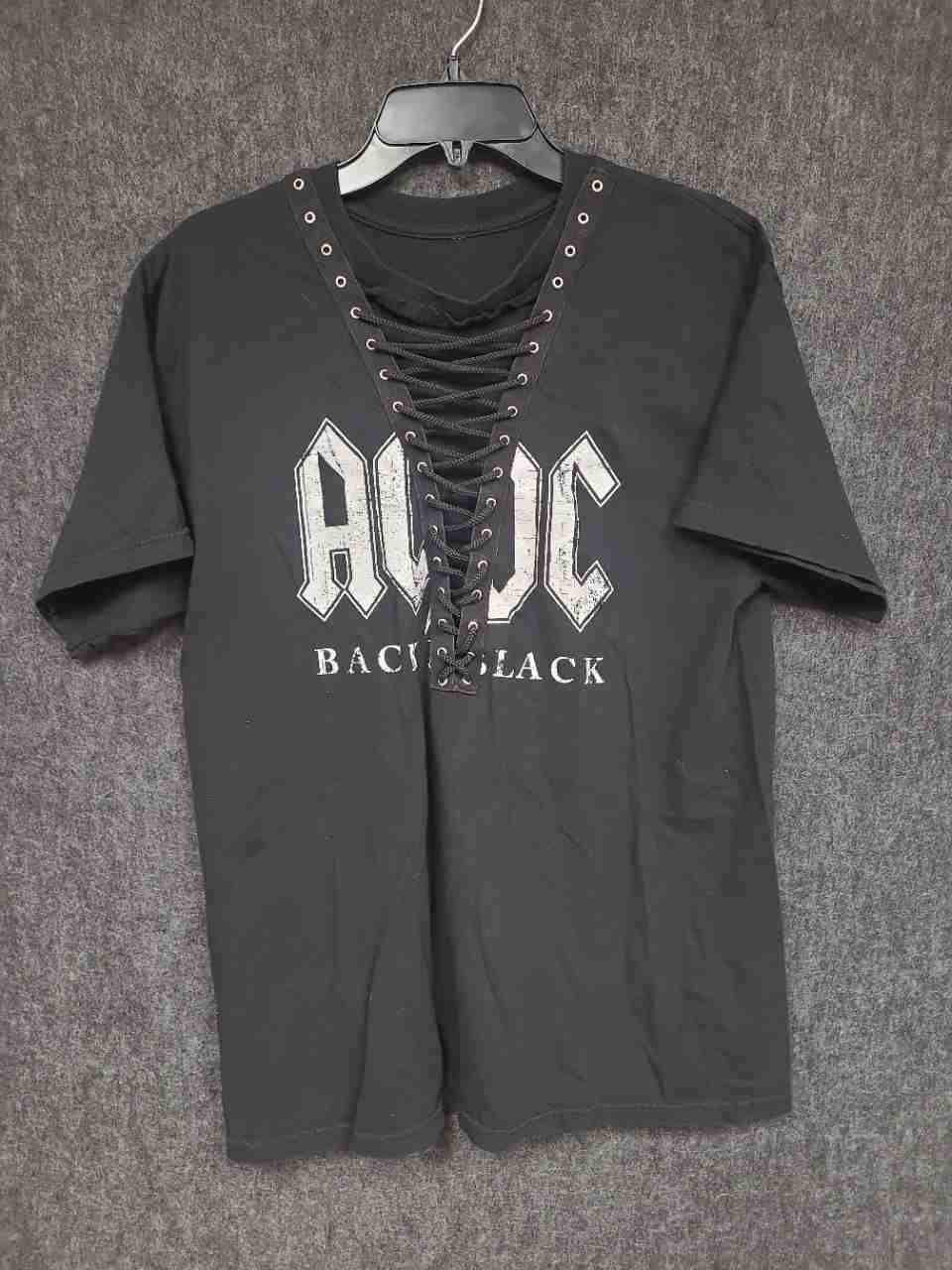 AC/DC Back in Black Album T-Shirt Reprint Lace-Up V-Neck Womens Sz L
