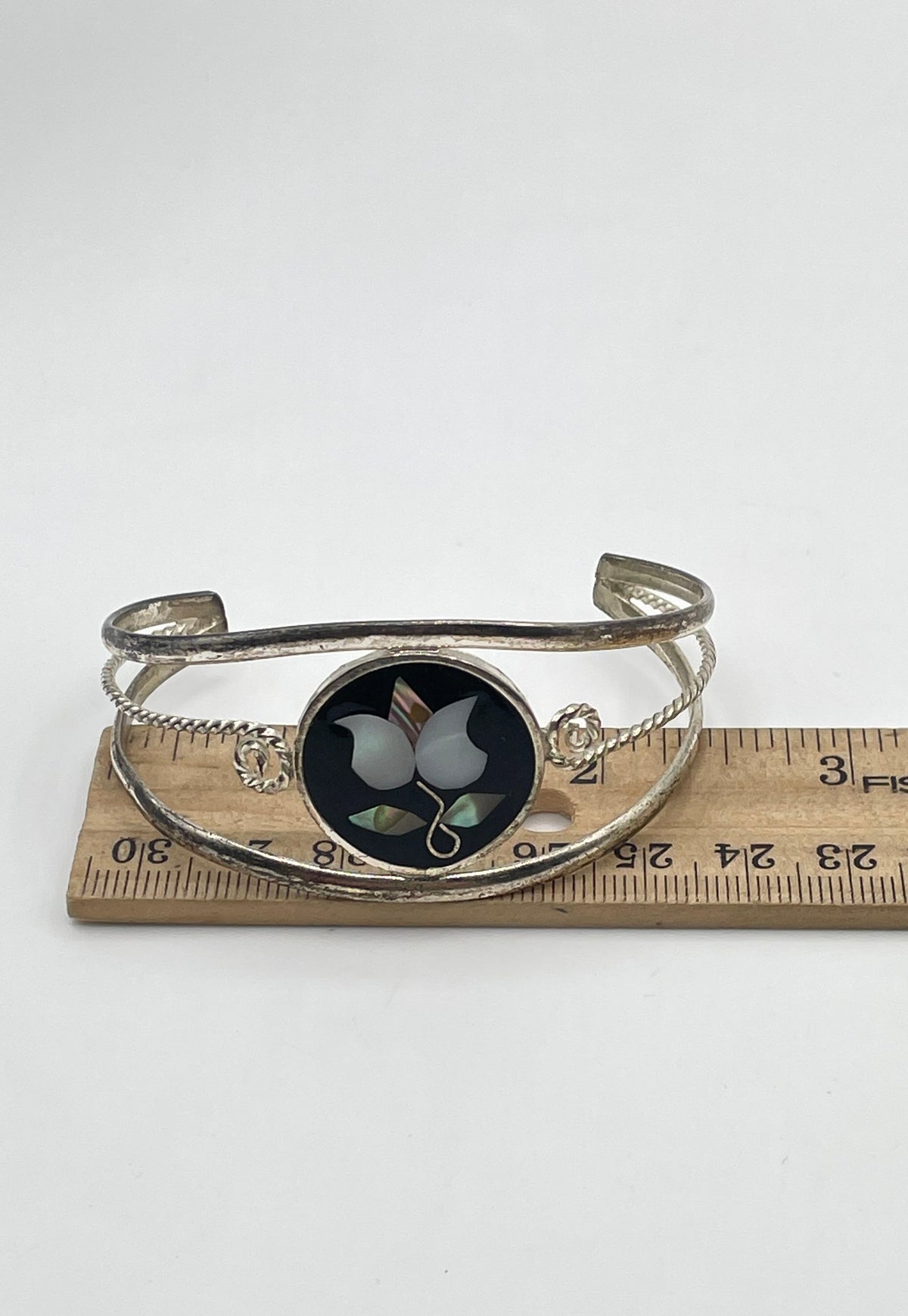 Alpaca Silver Abalone MOP Inlay Black Onyx Cuff Bracelet Mexico Marked 12.7g