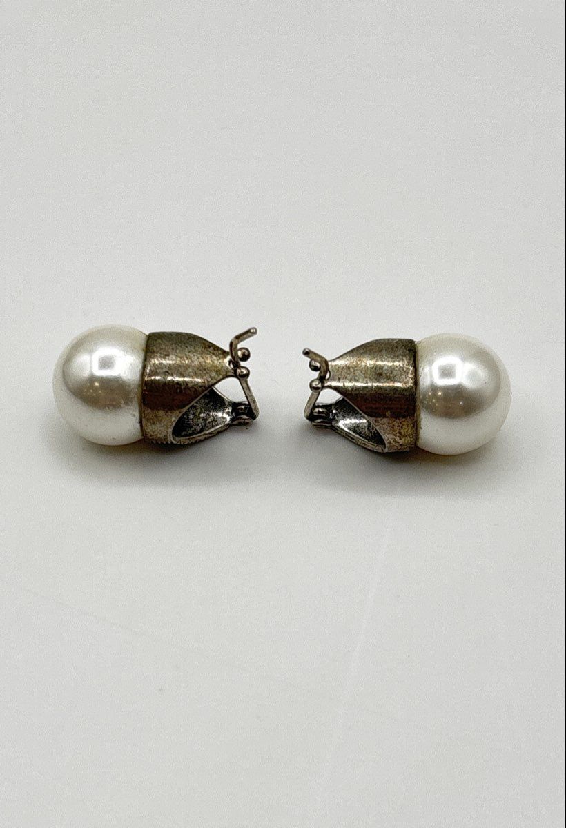 925 Sterling Silver Marcasite Accent Cap Faux Pearl Earrings 7.6g
